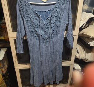 Crochet-Trim Light Blue Women’s Peasant Blouse